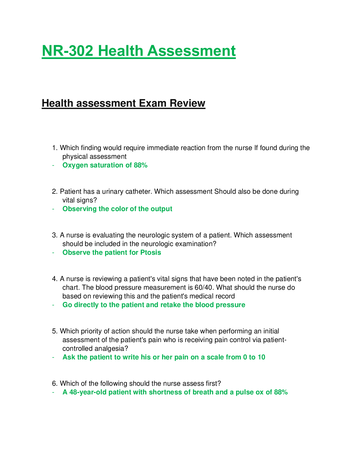 Preview of NR302 / NR 302: Health Assessment EXAM REVIEW Latest Update Chamberlain College of Nursing